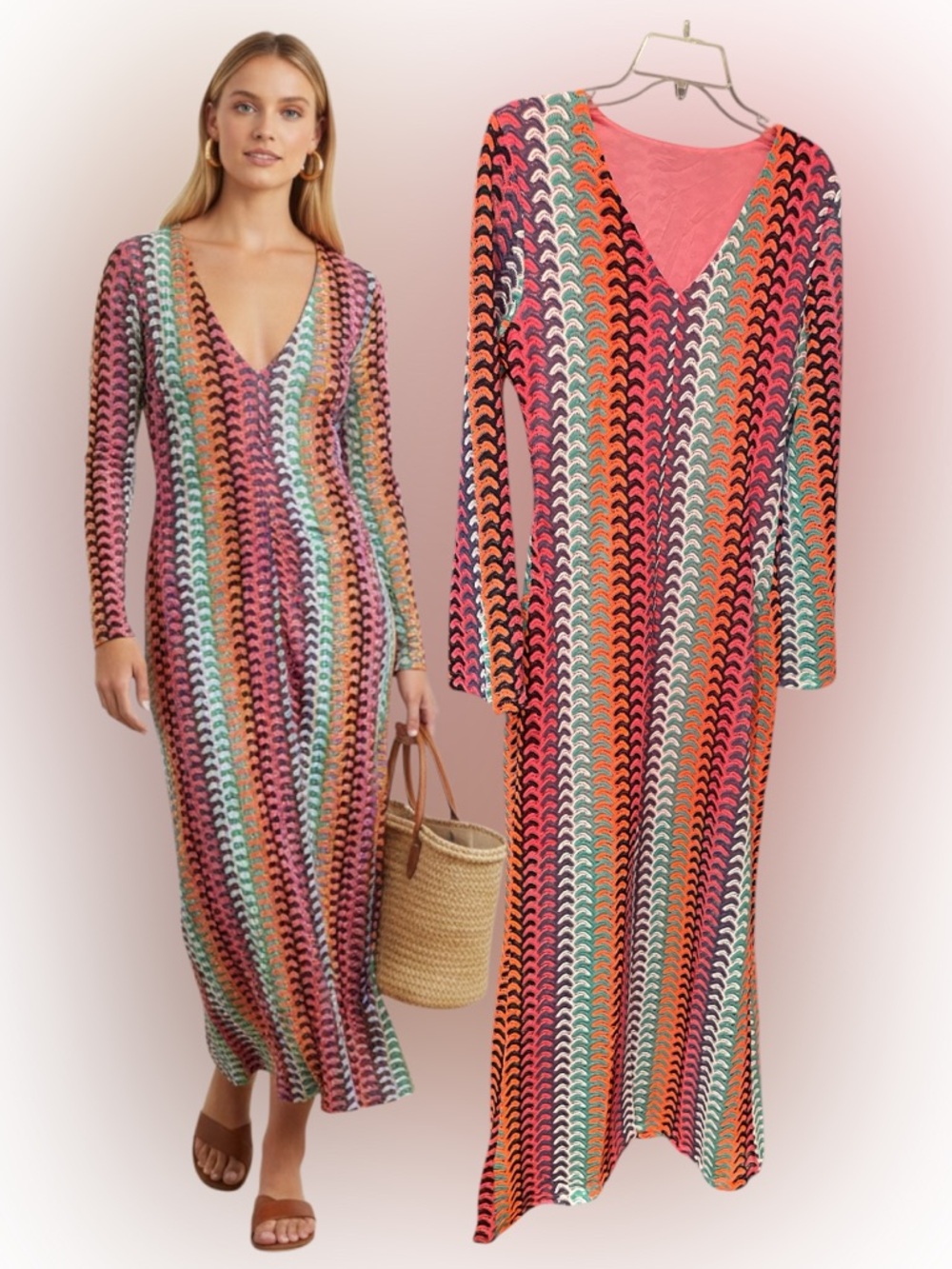 NWT Chevron Crochet Maxi Dress Coverup Bell Sleeve Front Slit Lined Large